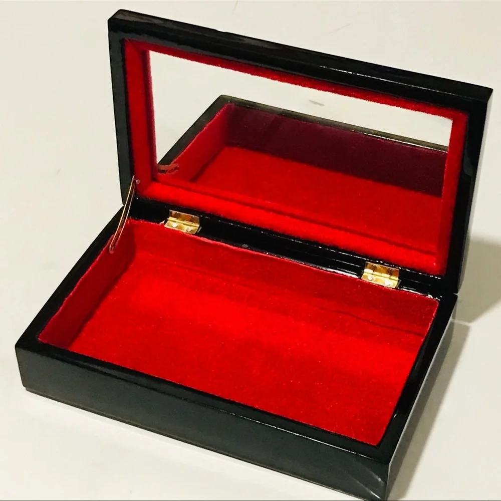 Vintage Asian Black Lacquer Inlay Mother of Pearl Bird Scene Jewelry Box